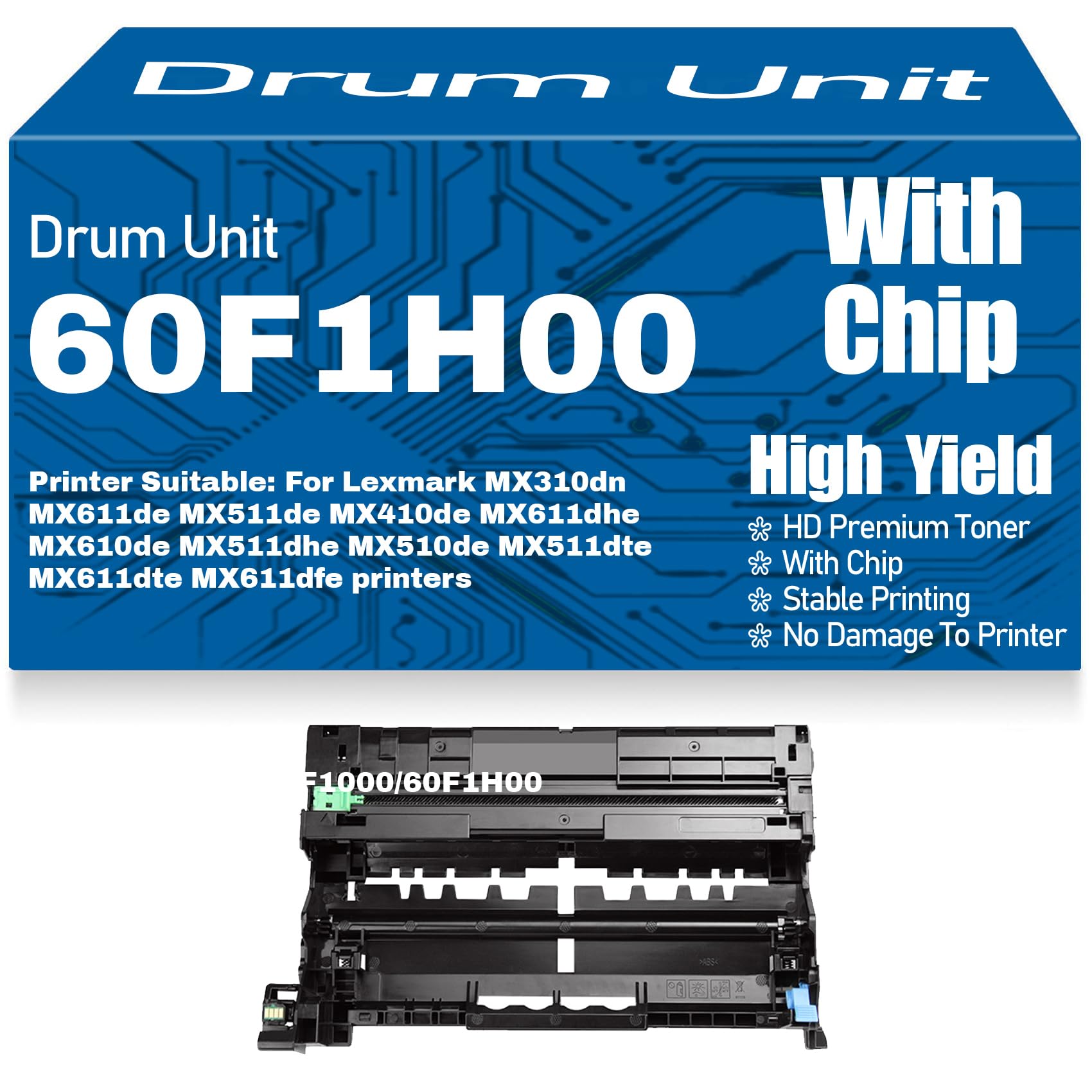 Per Lexmark MX611de MX511de MX410de MX610de MX510de Unità tamburo 60F1H00 per Lexmark MX310dn MX611dhe MX511dhe MX511dte MX611dte MX611dfe Tamburo di stampa,1PC-Black