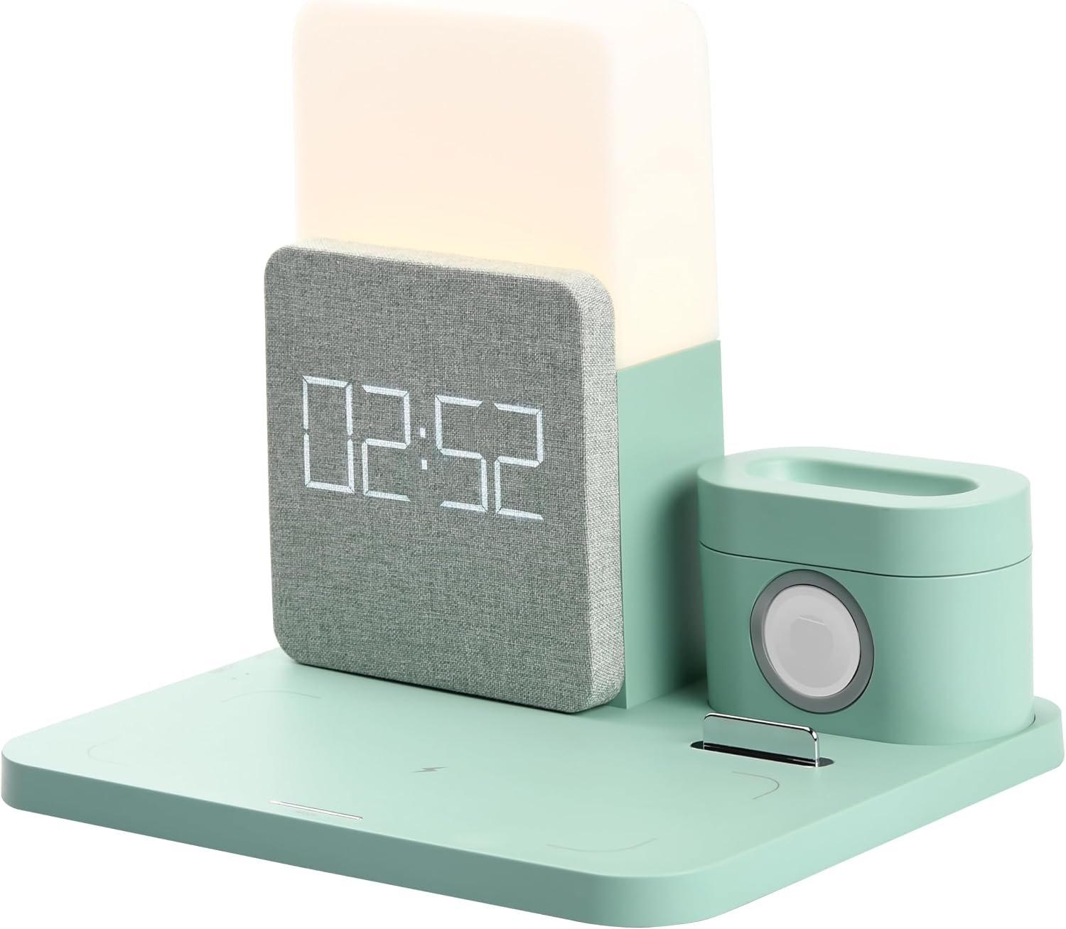 6 in 1 Fast Charging Station, 10W Wireless Charger with Alarm Clock and Night Light, Compatible with Samsung, iPhone 15/14/13/12/12 Pro Max/11 Series/XS Max/XR/XS/X/8/8 Plus, Green (with Adapter)