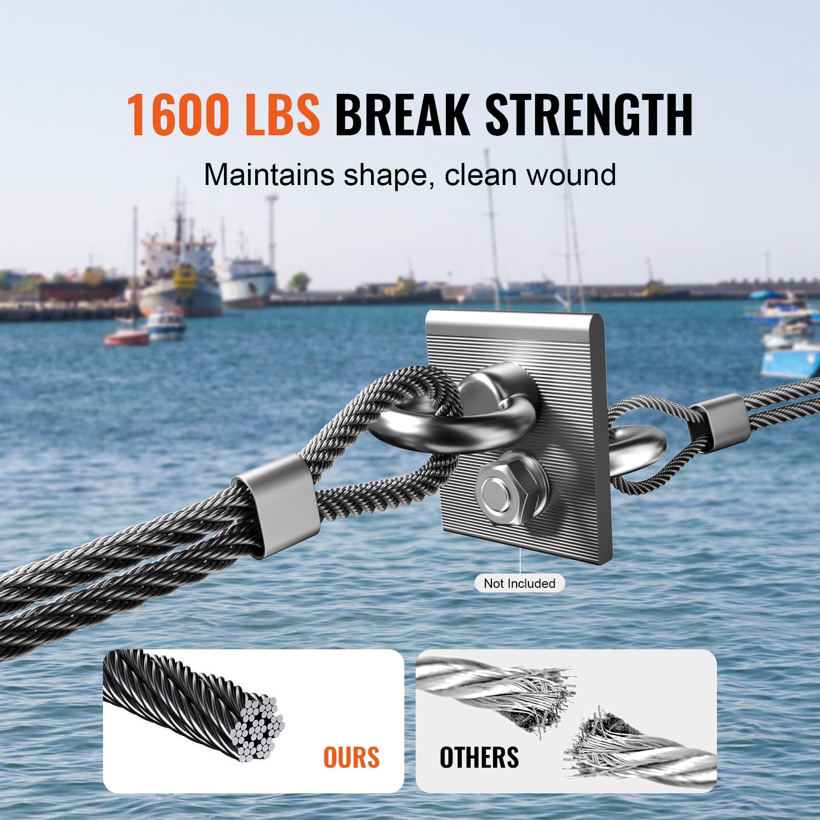 VEVOR Câble Acier Inoxydable, 3,18 mm x 152,4 m, Câble Métallique Inox 316 Tressé 7x7 Qualité Aéronautique Marine avec Coupe-fil, Gants, Résistance de Rupture 7,1 kN, pour Garde-corps, Clôture, Rampe
