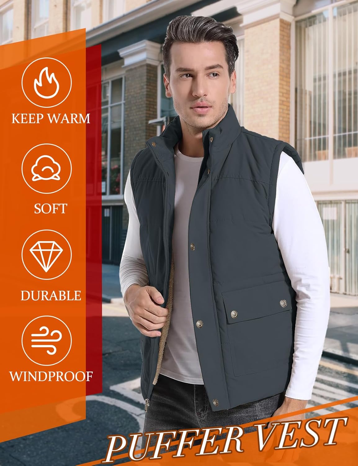 Flygo Men's Winter Warm Outdoor Padded Puffer Vest Thick Fleece Lined Sleeveless Jacket - Image 2