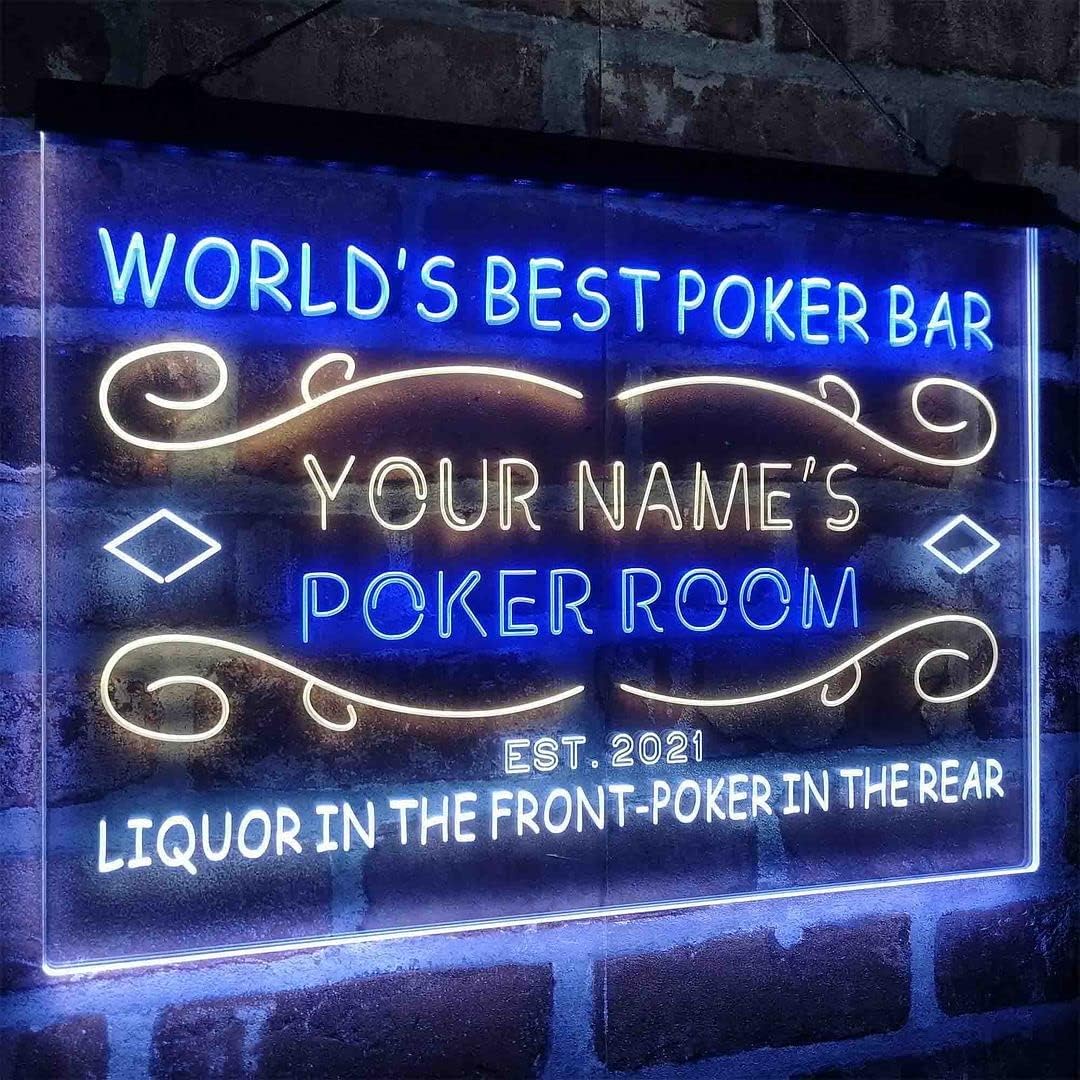 Personalized Poker Room Bar Tri-Color LED Neon Light Sign Customize Name Date Text Quote Font White & Blue & Yellow 17.7 x 13.6 Inches st9s43-qn1-tm-wby