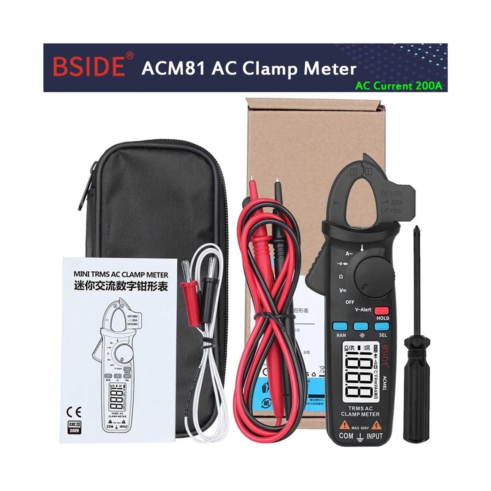 1mA 200A Pinza amperometrica digitale True RMS AC DC rilevamento NCV