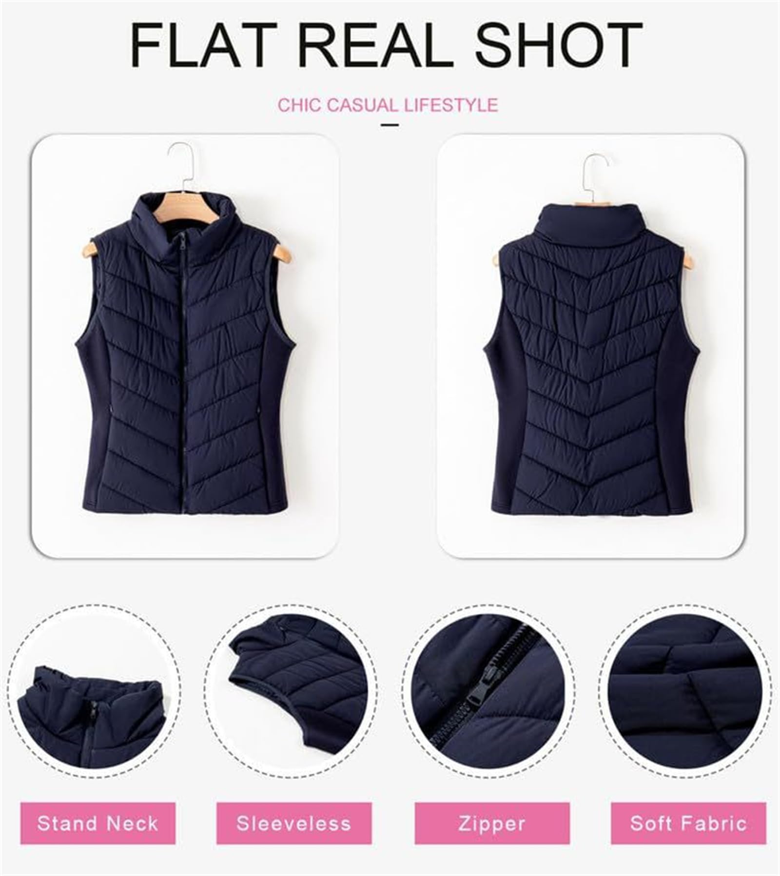 Holdretain - Chaleco acolchado para mujer, sin mangas, con cremallera, acogedor, ligero, cuello alto, chaqueta acolchada