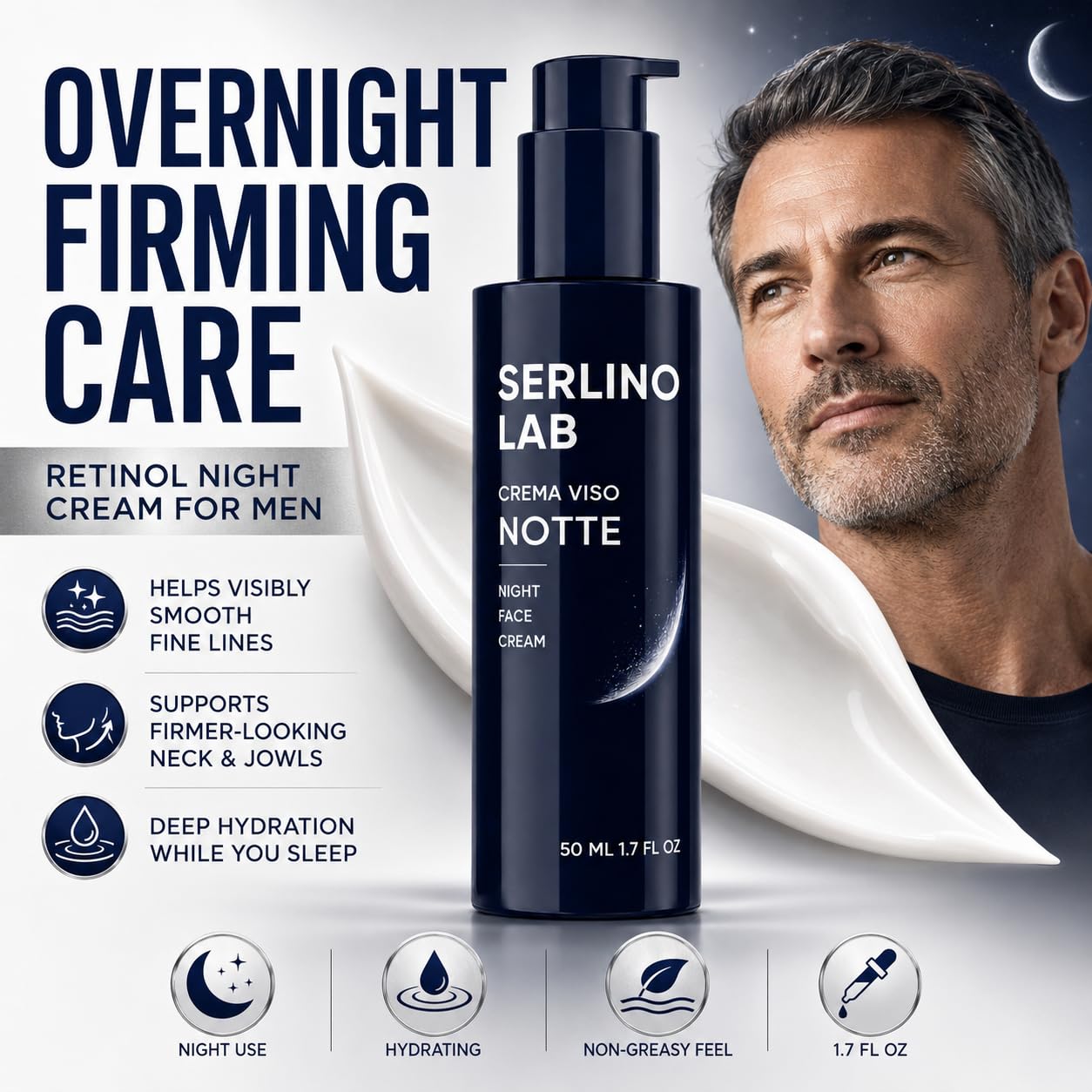 Serlino Lab Night Face Cream for Men - Retinol Night Cream with Hyaluronic Acid & Olive Oil, Collagen Boosting Face Moisturizer, Firms Men's Sagging Neck & Jowls, Reduces Deep Wrinkles, 1.7 Fl Oz