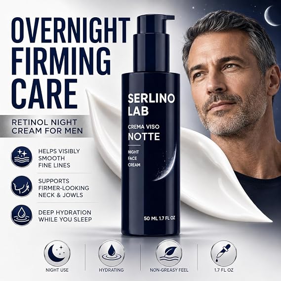 Serlino Lab Night Face Cream for Men - Retinol Night Cream with Hyaluronic Acid & Olive Oil, Collagen Boosting Face Moisturizer, Firms Men's Sagging Neck & Jowls, Reduces Deep Wrinkles, 1.7 Fl Oz
