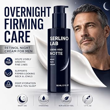 Serlino Lab Night Face Cream for Men - Retinol Night Cream with Hyaluronic Acid & Olive Oil, Collagen Boosting Face Moisturizer, Firms Men's Sagging Neck & Jowls, Reduces Deep Wrinkles, 1.7 Fl Oz