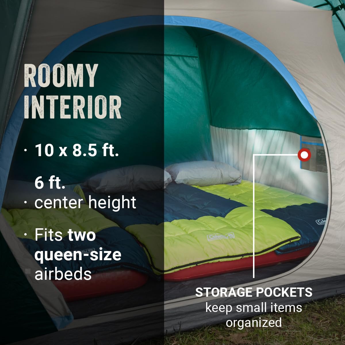 Coleman Namiot Skydome z przedsionkiem, odporny na warunki atmosferyczne, namiot dla 4-6 osób, rozstawienie w 5 minut, chroni przed wodą, 20% więcej przestrzeni nad głową niż tradycyjne namioty