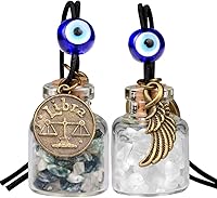 Vista 1 de Zodiac Birthstone Car Charms for Rearview Mirror Hanging - Two Gemstone Good Luck Bottles with Evil Eye Protection Bead and Guardian Angel Wing
