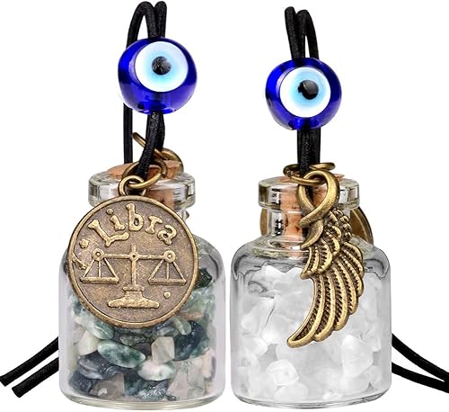Zodiac Birthstone Car Charms for Rearview Mirror Hanging - Two Gemstone Good Luck Bottles with Evil Eye Protection Bead and Guardian Angel Wing