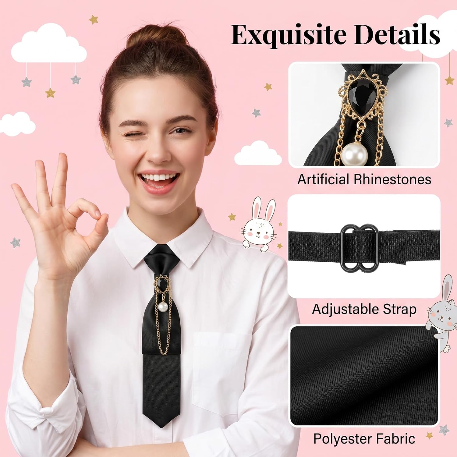 Rhinestone Ties for Women Girls with Pearl Teardrop Obsidian | Black Pre-Tied Womens Adjustable Tie Skinny Ties Girls Uniform Necktie for Graduation Party School Concert Work Wedding