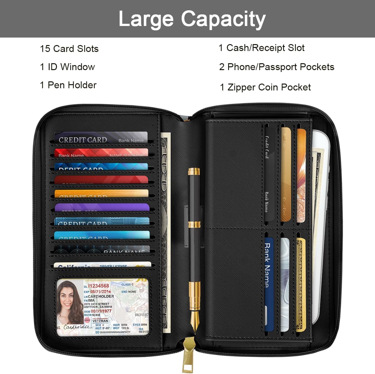 Large Capacity Wallets for Women RFID Blocking Leather Zip Around Phone Purse Ladies Travel Credit Card Clutch with Wristlet, Black Butterflies - Image 2