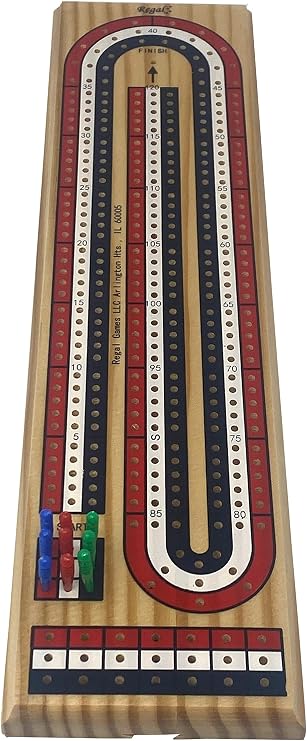 Regal Games Cribbage Board Game Set with Unique Wooden Cribbage Board (11 x 4.5 x 0.62) & 9 Multi-Colored Cribbage Pegs - Family Fun Game Night - Ideal for 2-4 Person
