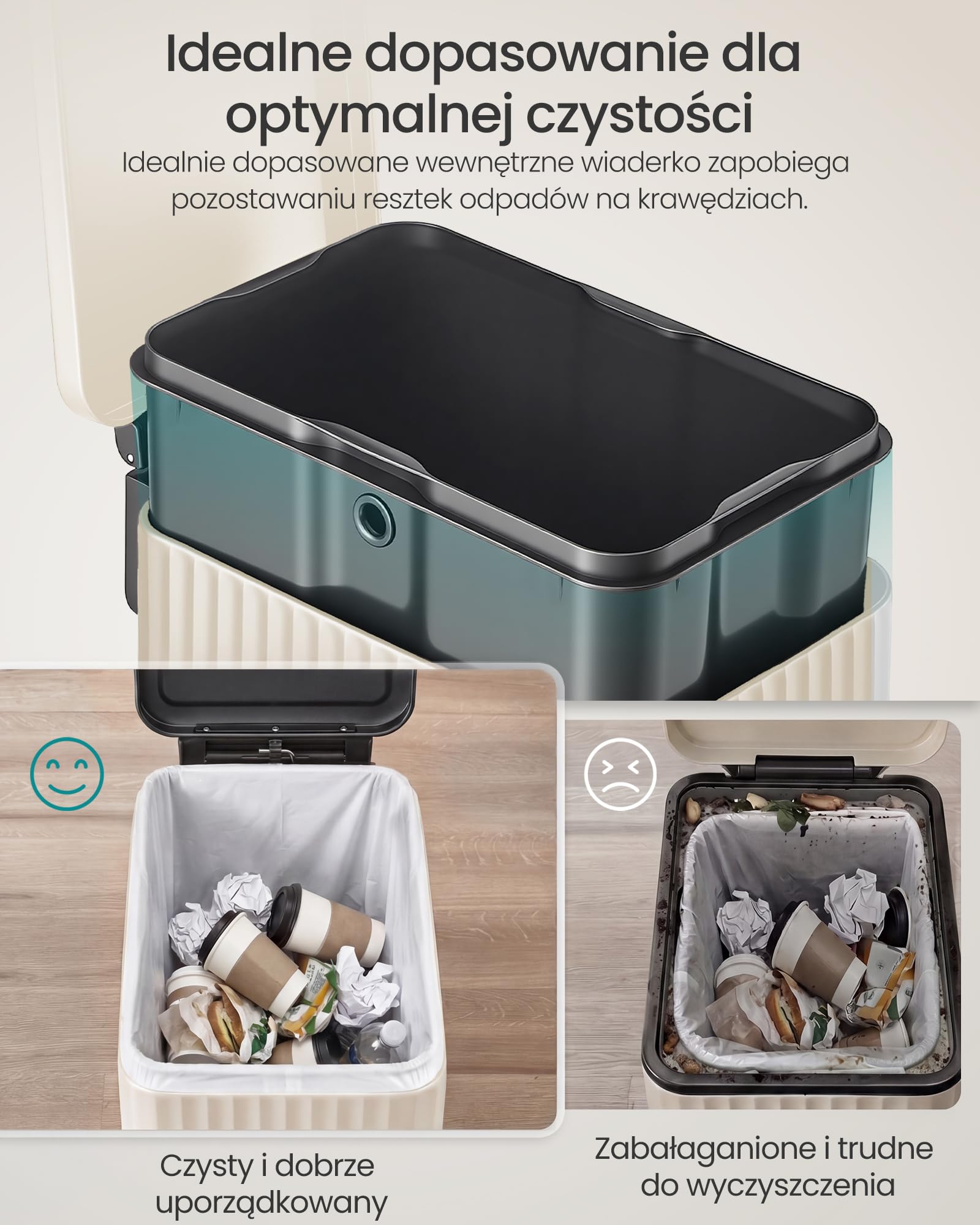 SONGMICS Kosz na śmieci do kuchni, 50 l, z pedałem i pokrywą, system cichego domykania, wyjmowany wkład, stalowy, w zestawie 15 worków na śmieci, kolor kremowo-biały (LTB350LZ02)