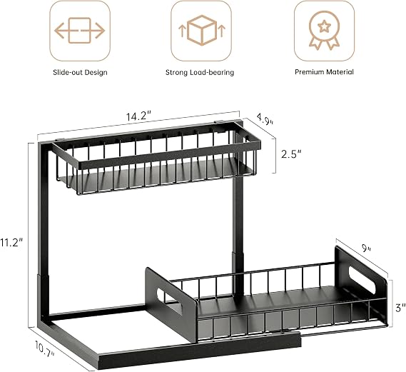 Under Sink Organizer and Storage, Slide Out Cabinet Organizer, Pull Out Sink Shelf for Kitchen Bathroom Laundry, Black, 1 Pack