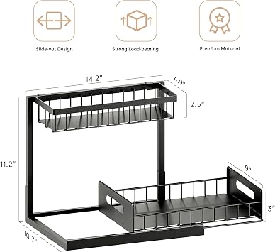 Under Sink Organizer and Storage, Slide Out Cabinet Organizer, Pull Out Sink Shelf for Kitchen Bathroom Laundry, Black, 1 Pack