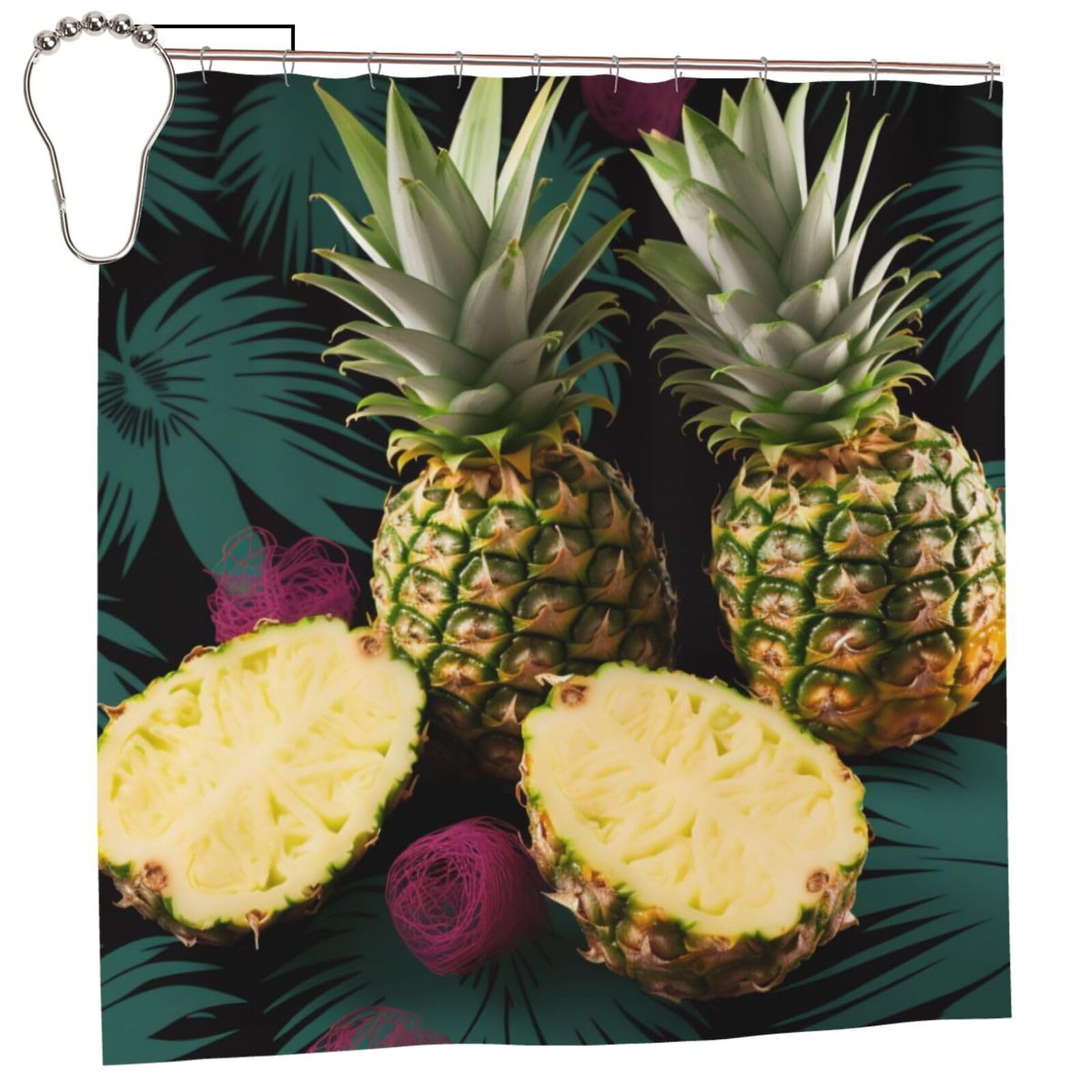 BWWHCCTI Tropical Pineapple Printed Shower Curtain With 12 Iron Hooks Opaque Quick Drying Waterproof Shower Curtains Sets For Bathroom 183x183 CM