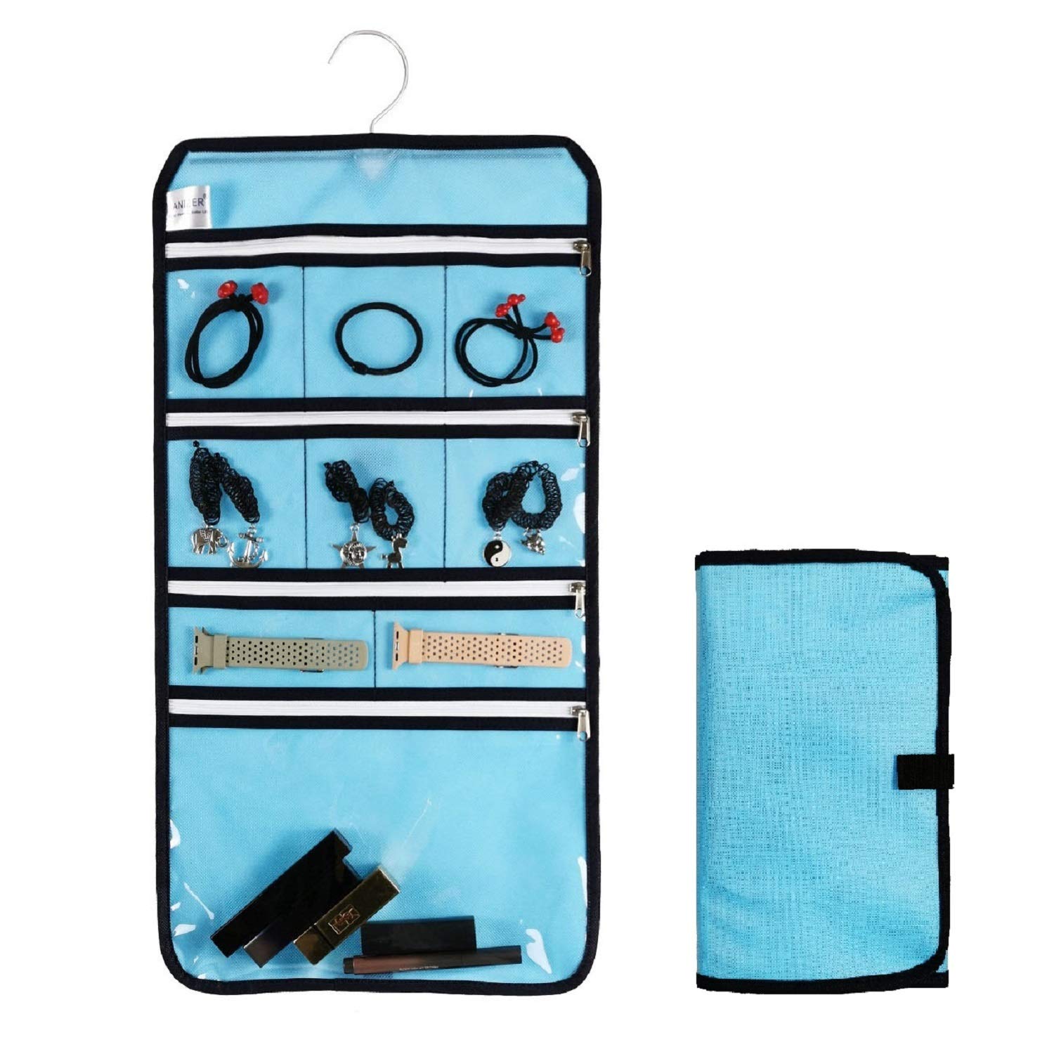 ANIZER Travel Foldable Jewelry Rolls Bag Hanging Jewelry Organizer with 9 Zippered Clear Pockets Storage Pouch with Rotatable Hanger (BLUE)