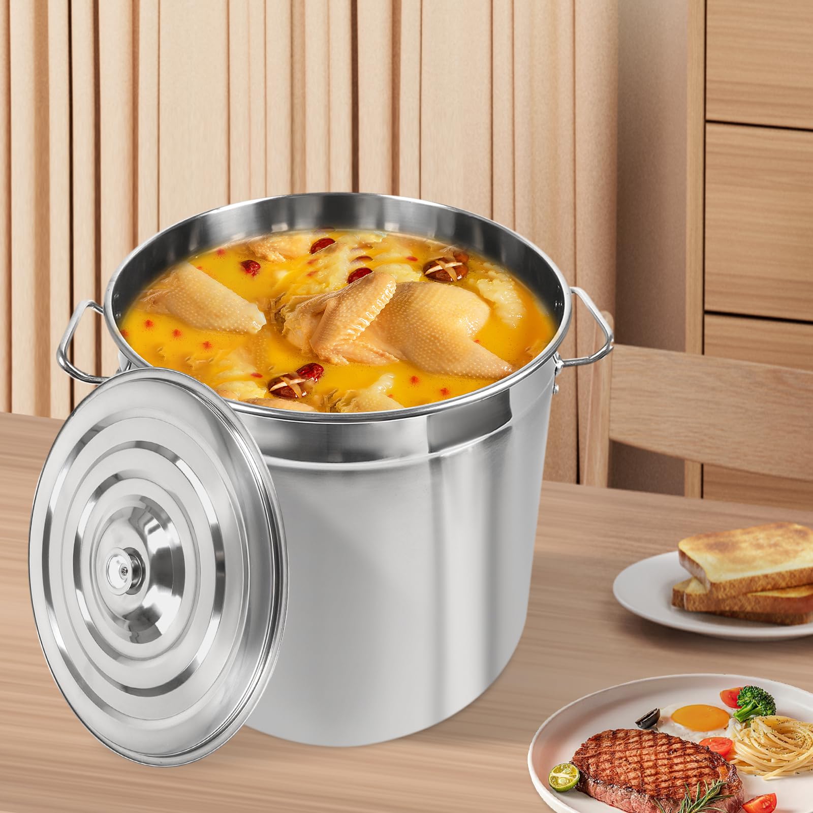 Pentola da 50/70/90 l, in acciaio inox, color argento, con coperchio, grande pentola da campeggio, adatta per arrostire e mantenere al caldo su piani cottura a gas e a induzione, ecc. (50 l)