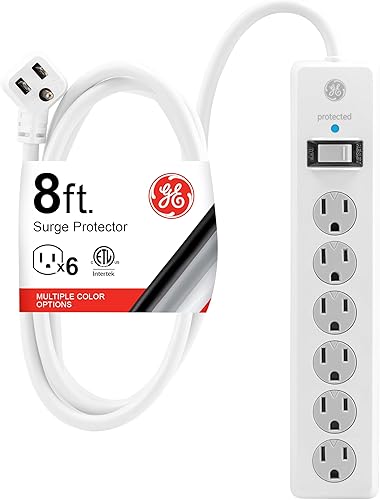 GE - Barra multicontacto con protector de sobretensión, cable de extensión de 2.4 m, 6 tomas, 800 joules, clavija plana, cubiertas de seguridad