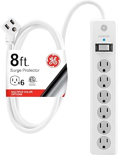 GE Surge Protector Power Strip, 8 Ft Extension Cord, 6 Outlet Extender, 800 Joules, Flat Plug, Twist-to-Close Safety Covers, ETL Listed, White, 67044