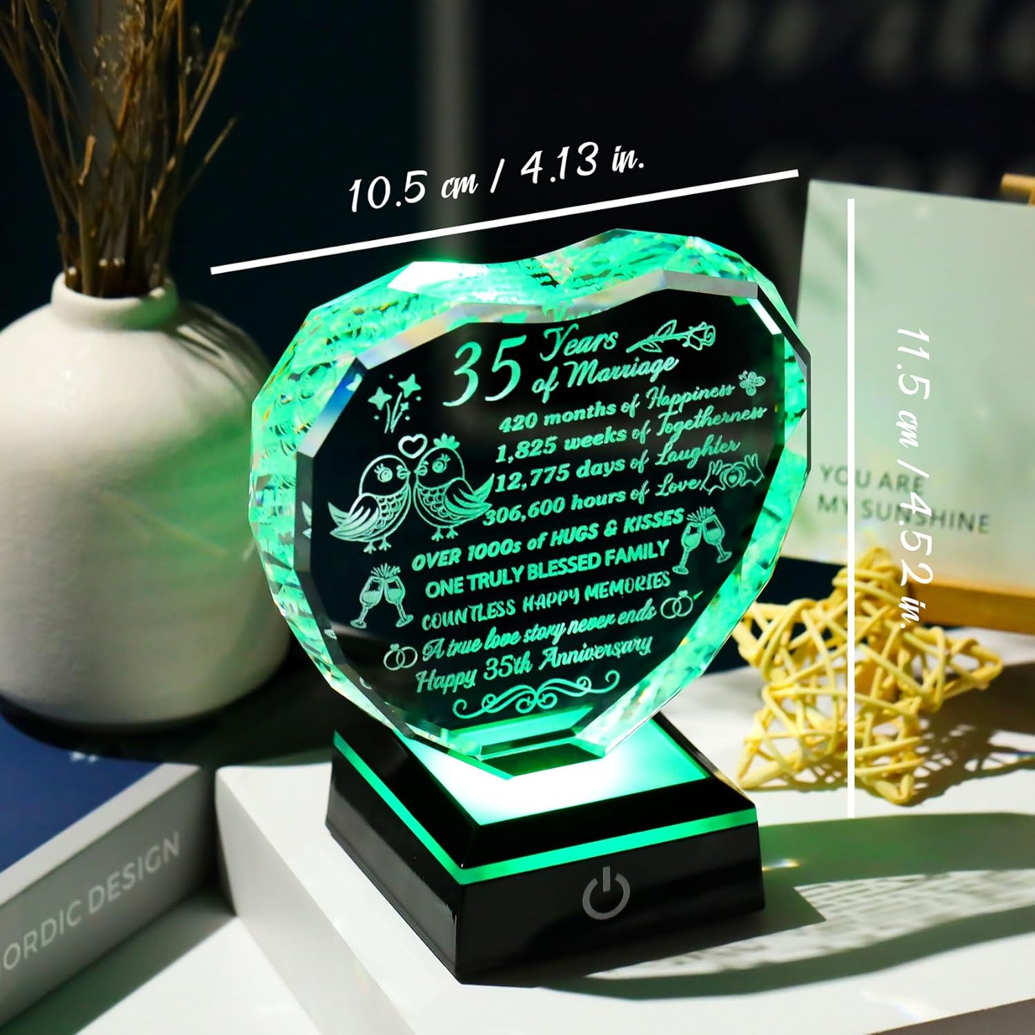 35th Wedding Anniversary Crystal Heart Keepsake with Multicolor LED Base – Romantic 35 Years Marriage Gift for Couples Wife Husband Ideal Present for Christmas Valentine' s Day