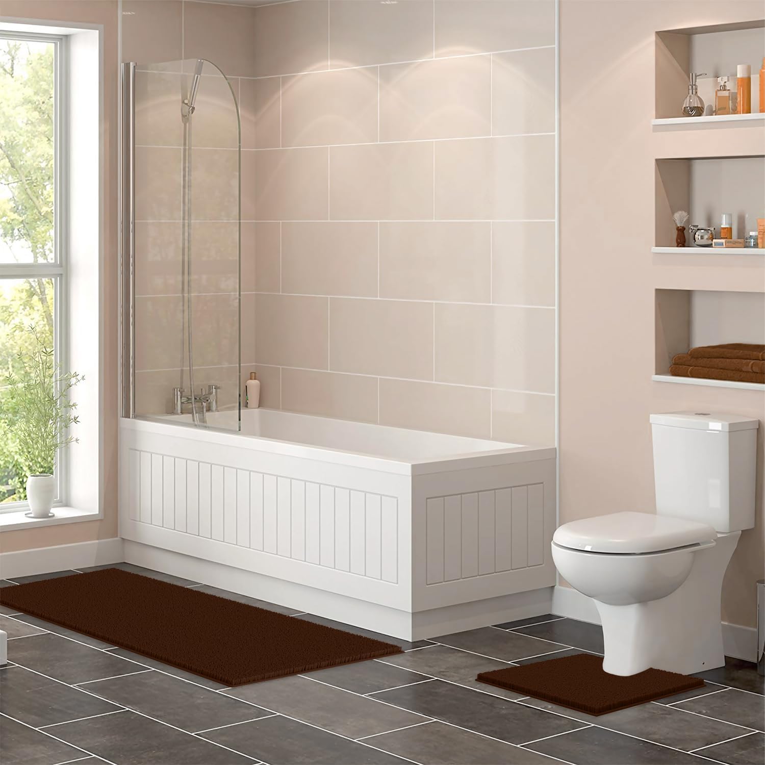 LuxUrux 2-Piece Bathroom Rug Set – Plush Chenille Runner & U-Shaped Toilet Mat, Soft, Absorbent & Non-Slip Design (20x20 U & 27x47 inches, Brown)