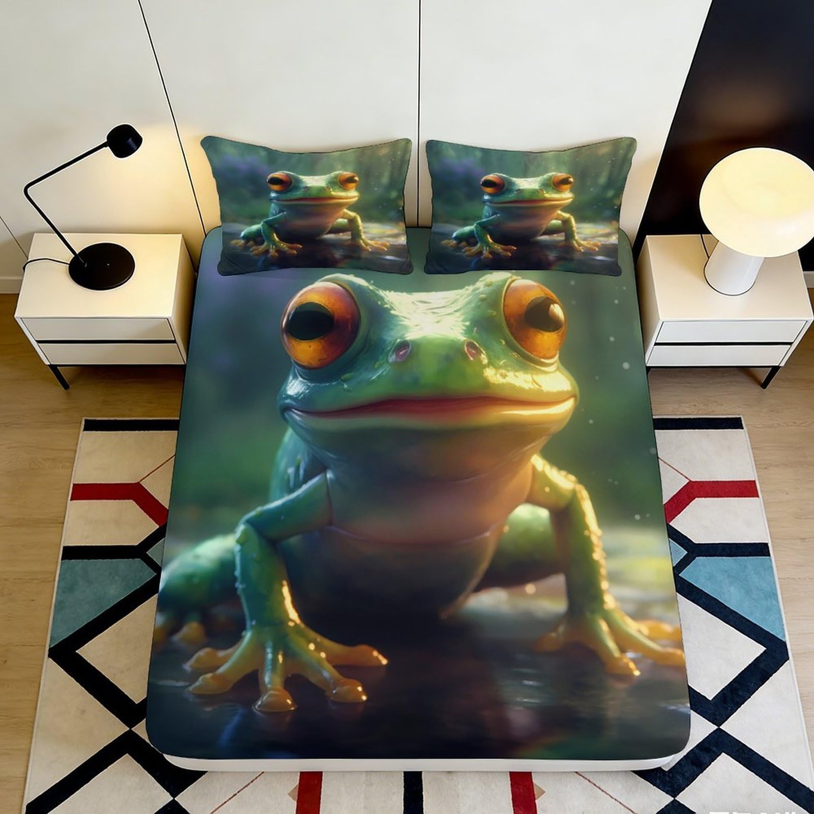 3D Printed Green Frog Fitted Sheet Microfiber Soft Breathable Rainforest Animal Mattress Cover for Bedroom Dorm Decor 200x200x25cm