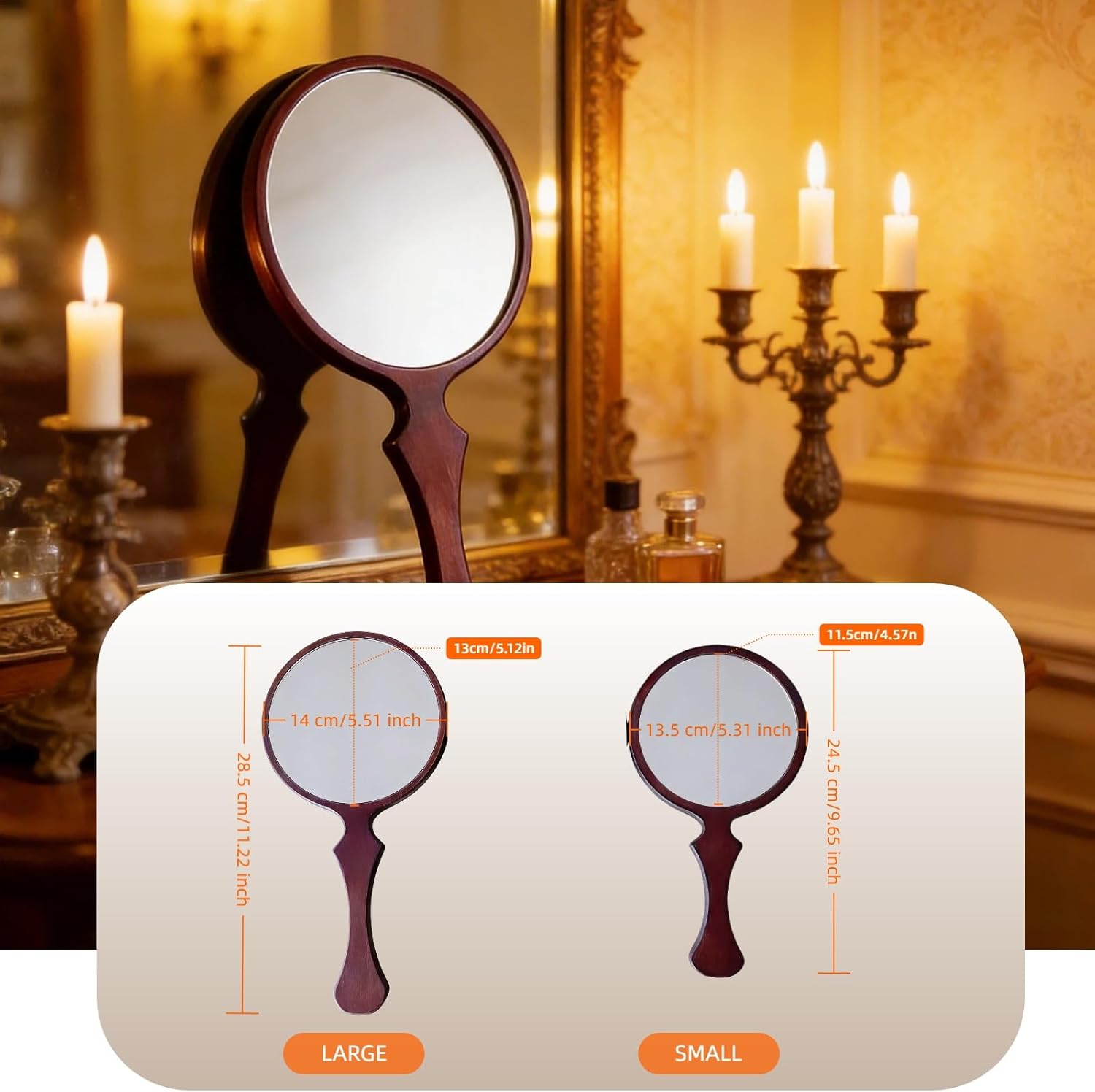 Tumecos Wooden Hand Mirror, Round Handheld Mirror with Fish Tail Handle, Natural Pine Wood, Large & Small Size Options, Vanity Makeup Mirror with Non-Distortion Glass, for Home/Salon Gift, Large