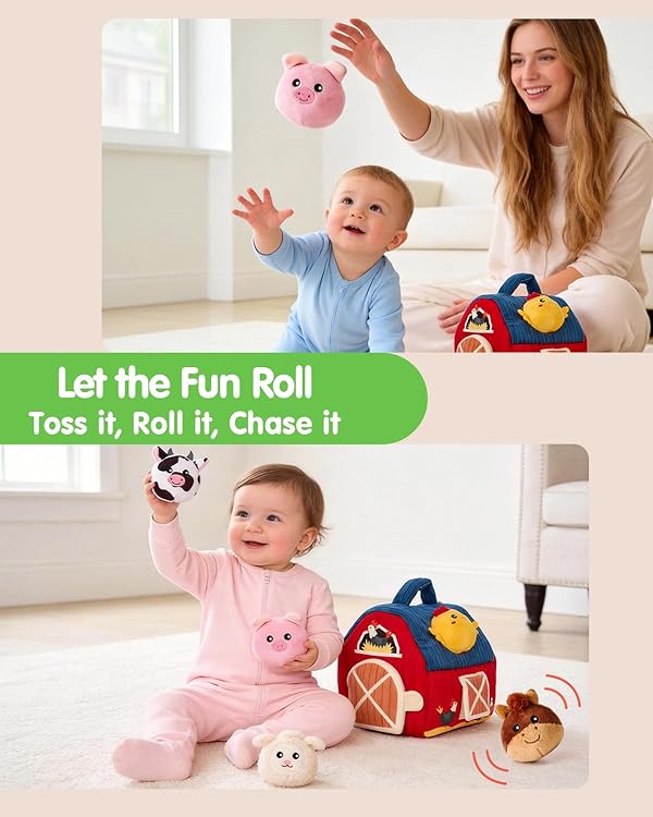 hahaland Baby Toys 6-12 Months - Surprise Barn Stuffed Farm Animals, Rattle, Crinkle, Mirror, Montessori Toys for 6 Month Old Sensory Balls 1-3, Baby Boy Gifts, Farm Plush Toys for Babies Travel Toy by hahaland - Image 8