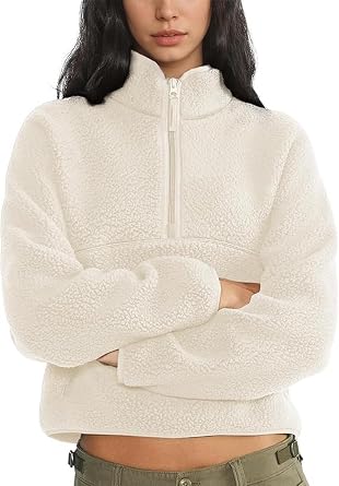 SeeLuNa Women Fleece Sweatshirts Slouchy Half Zip Stand Collar Sherpa Coat