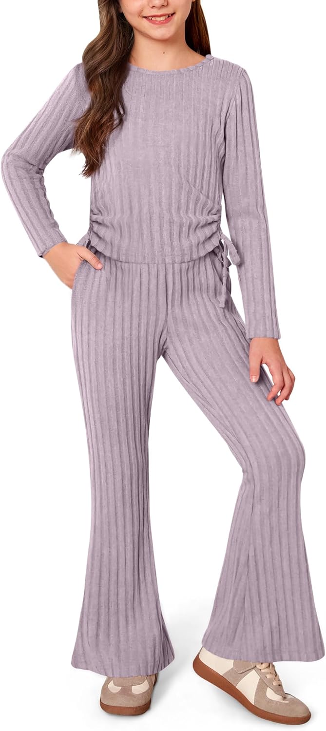 IIMMER Girls Fall 2 Piece Outfits Ruched Long Sleeve Tops & Cozy Rib-Knit Flared Pants With Side Pockets 3-12 Years