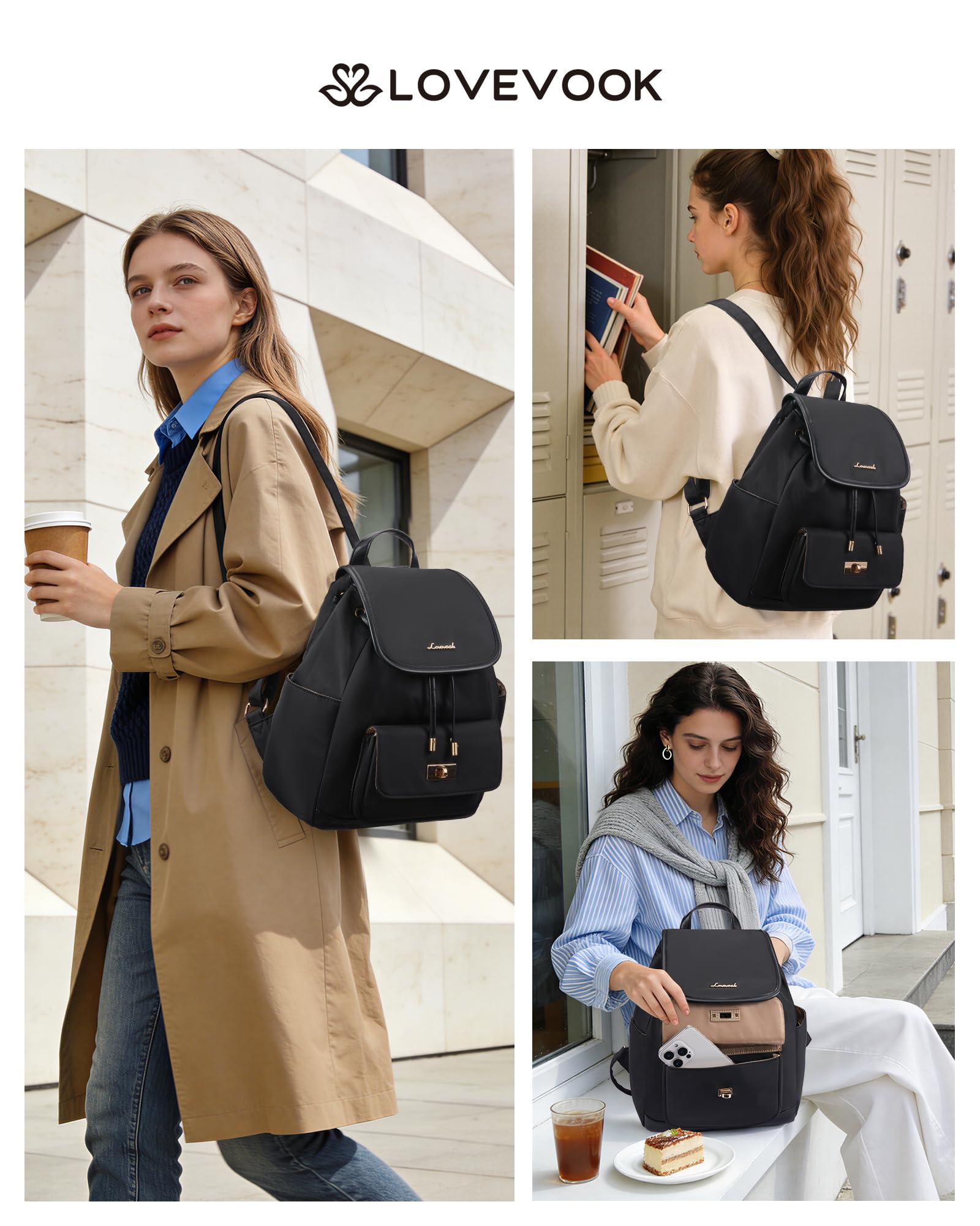 LOVEVOOK Rucksack Damen Klein, Leichter Cityrucksack Damen, Mini Backpack Elegant, Tagesrucksack mit Große Wasserflaschentasche, Backpack Women für Arbeit, Alltag, Reise, Uni, Beige-grün