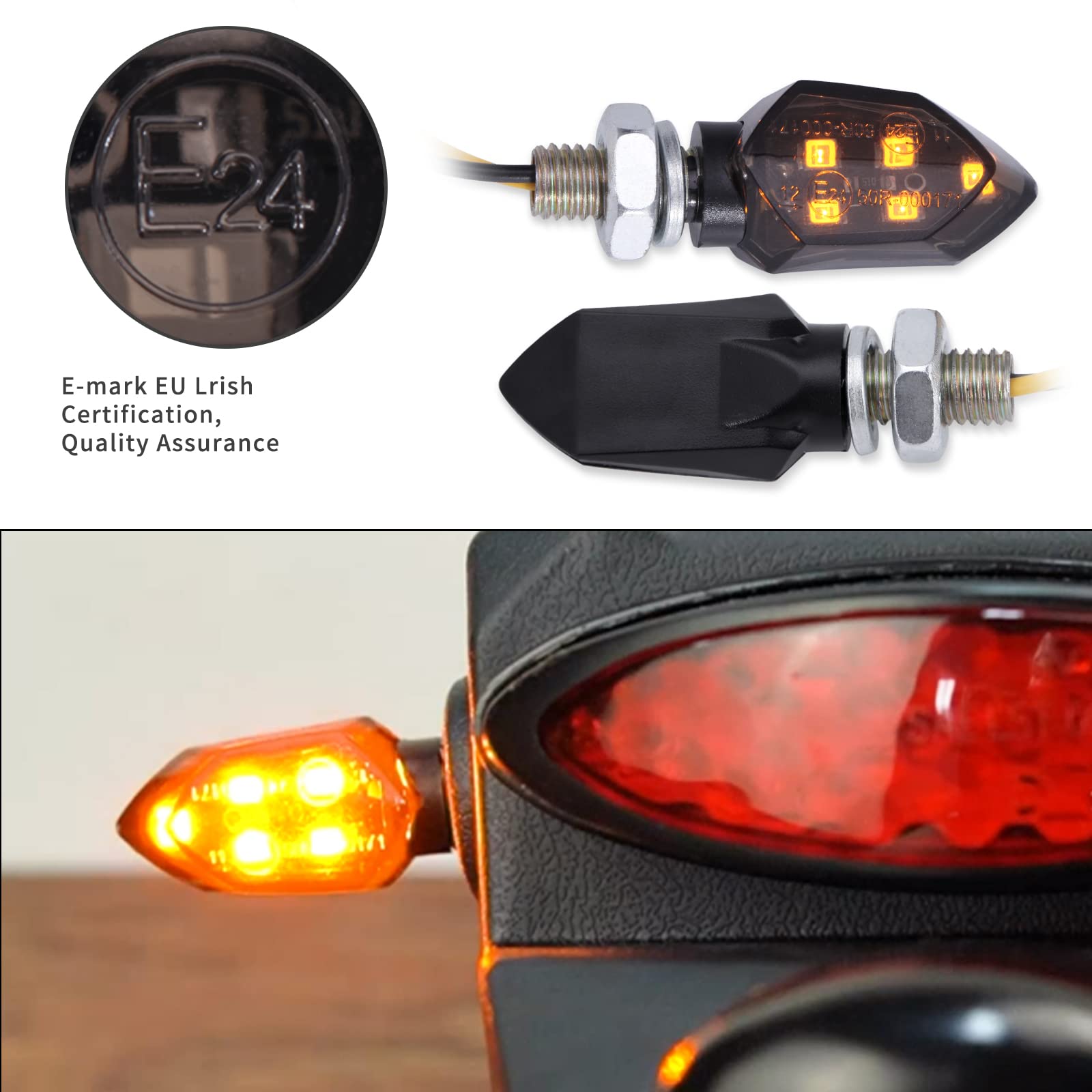 Motorrad Blinker 12V - 2 Stück, Mini, Bernstein, Schwarzes Gehäuse, Gummiert