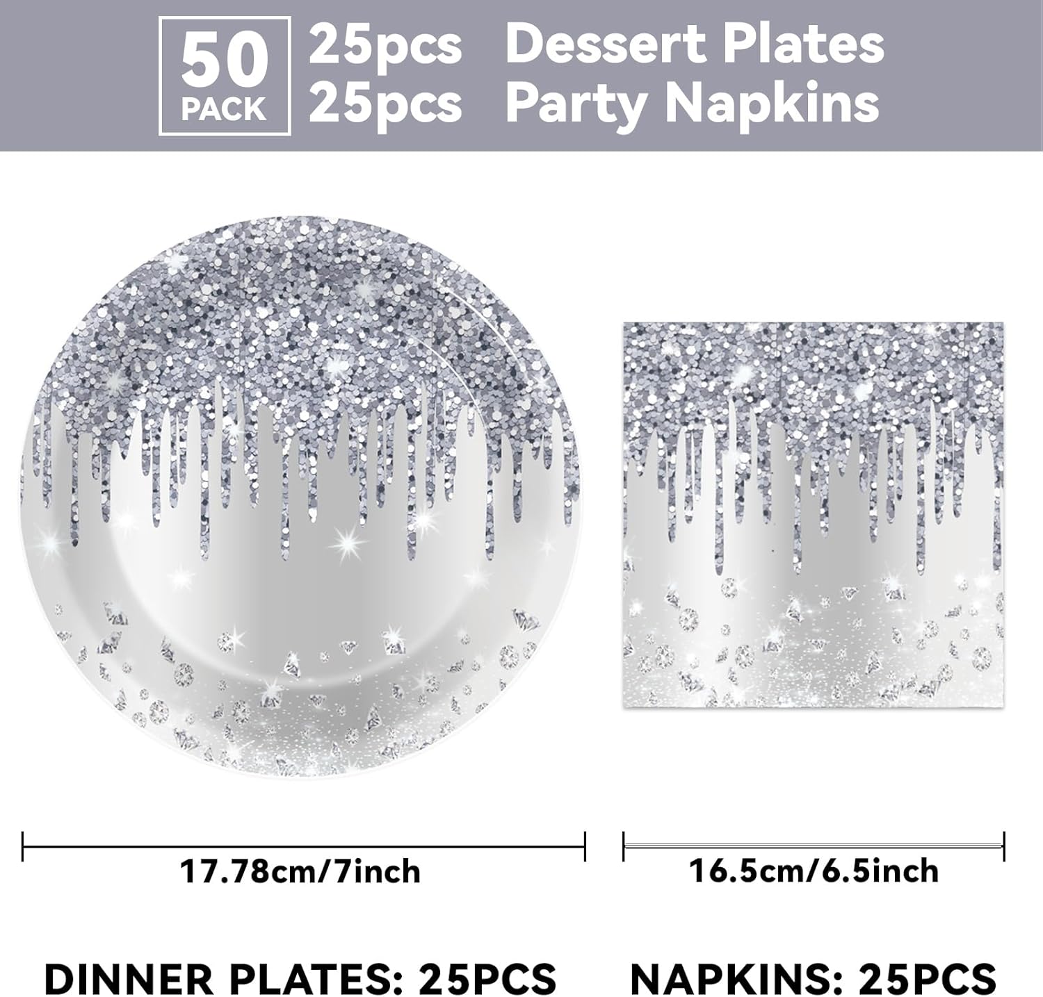 50 Pcs Silver Glitter Disposable Party Plates and Napkins Glitter Diamonds Happy Birthday Party Supplies for 25 Guests Table Decorations for Wedding Silver Birthday Decorations Paper Plates Napkins - Image 2