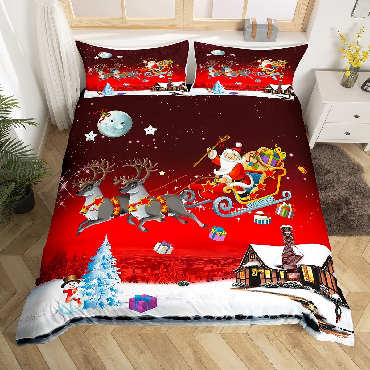 Parure de lit de Noël grand lit pour fille et garçon avec housse de couette motif Père Noël élan