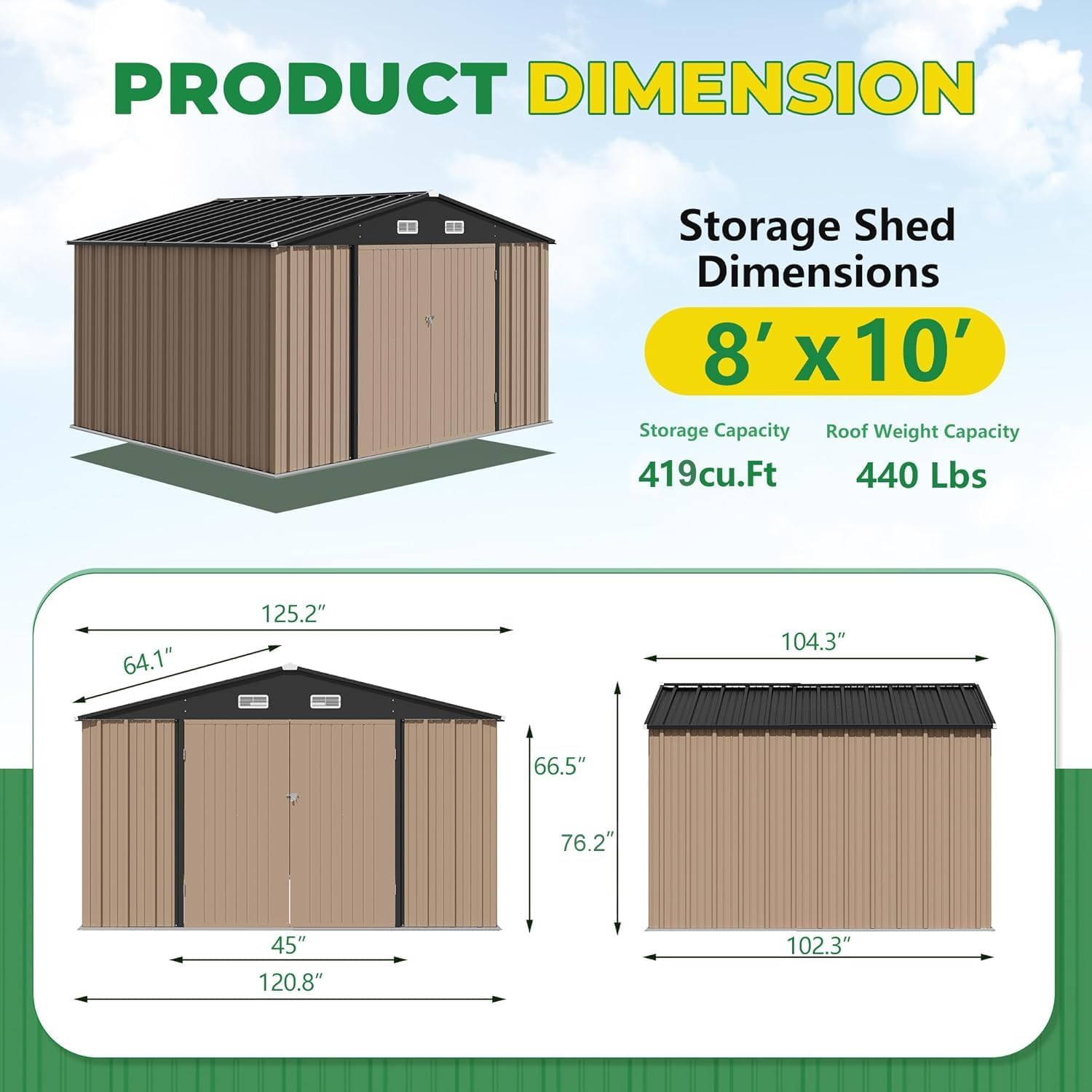 Diagram showing the dimensions of the Devoko 8x10 FT Metal Outdoor Storage Shed
