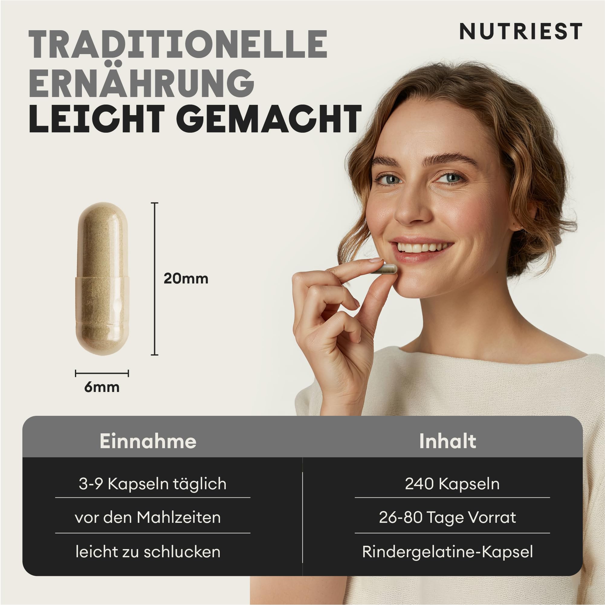 Nutriest Rinderniere Kapseln (240 Stück) – Natürliche DAO-Quelle | Bei Histaminintoleranz | Bio-Rind aus EU-Weidehaltung | Diaminoxidase (DAO) Enzym