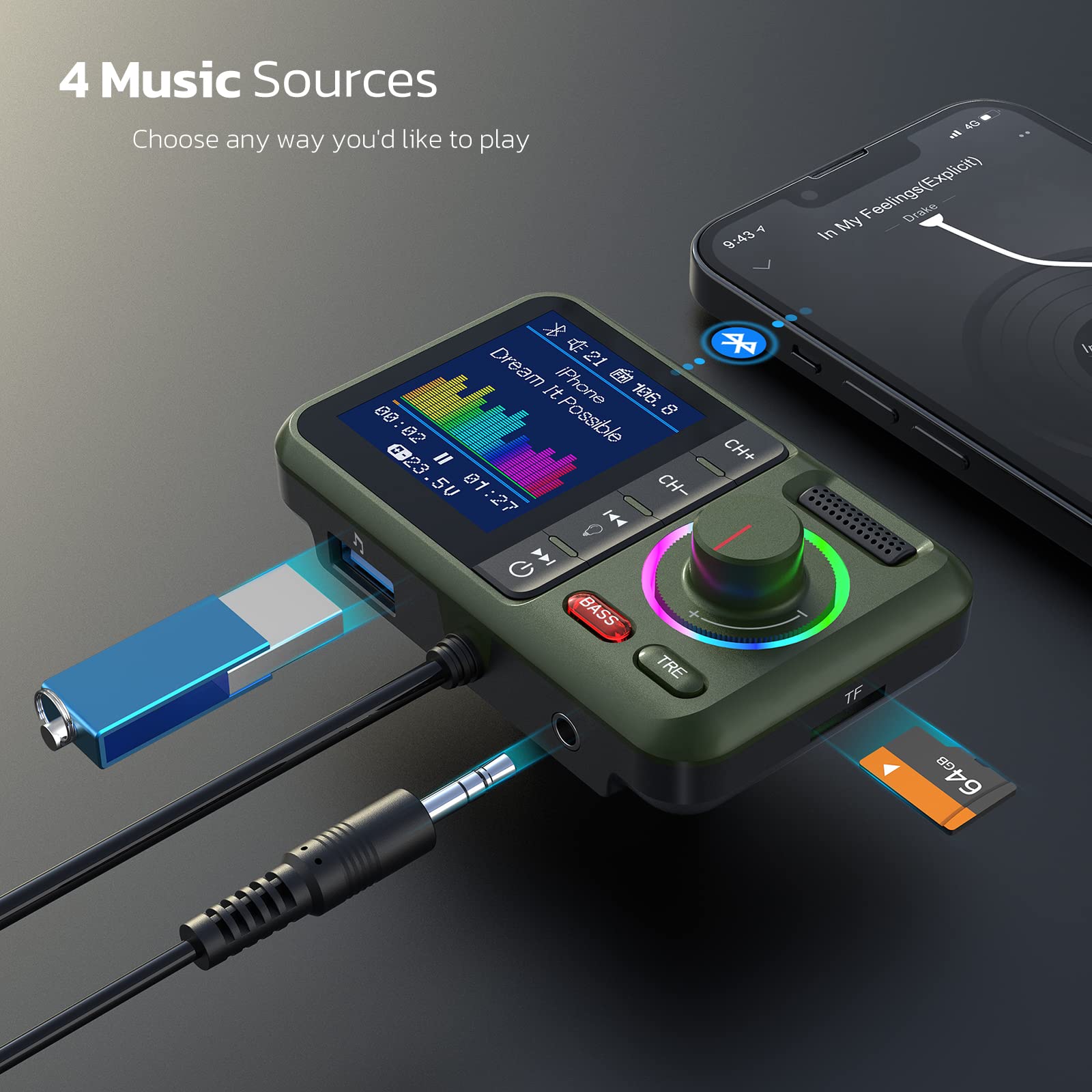 Nulaxy Trasmettitore FM Bluetooth per Auto, BT5.0 con Grande Schermo a Colori, Supporto Chiamate in Vivavoce, Siri&Google, Lettore Musicale MP3 BASS&TRE Booster, Scheda TF/AUX-KM28 Verde