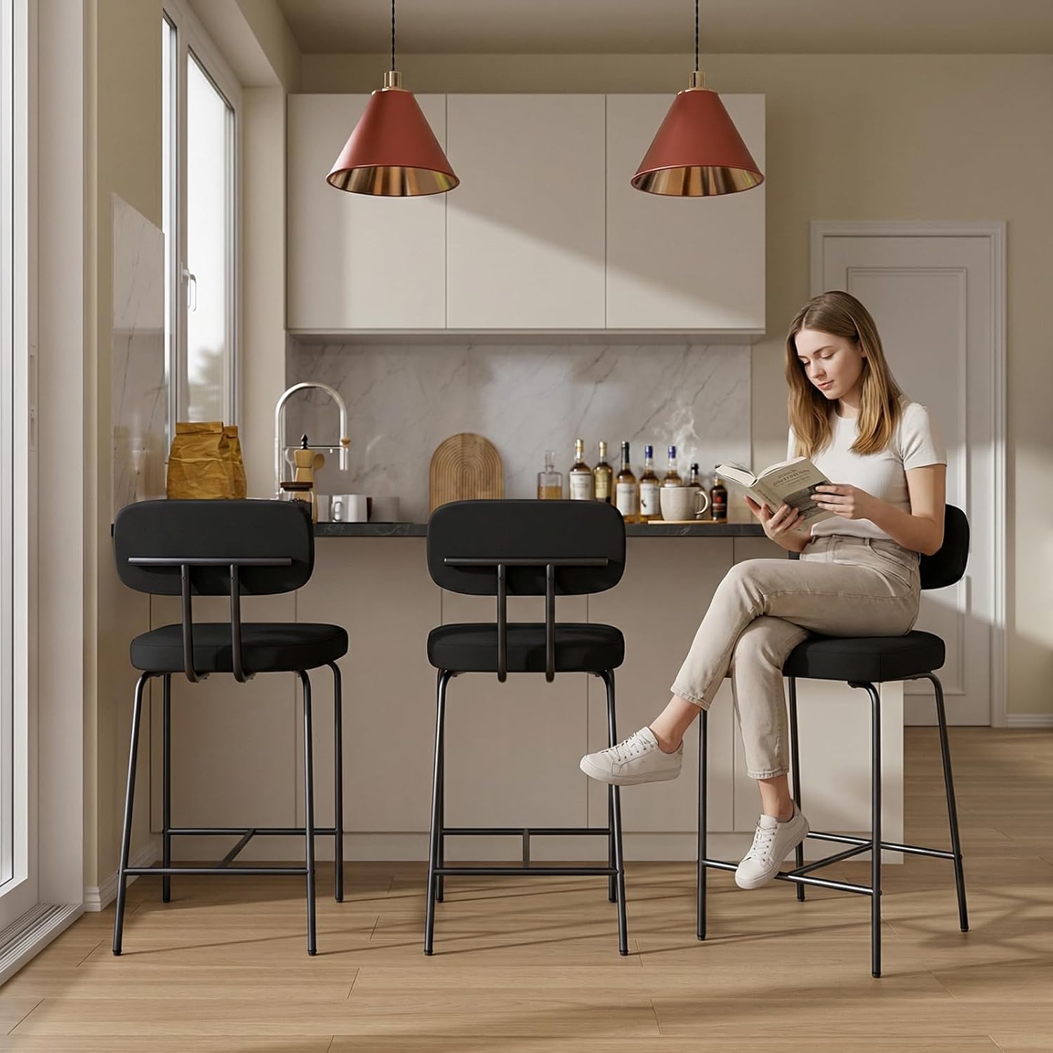 GXJ Bar Stools Set of 3, Kitchen Counter stools with Backs and Metal Legs, 26 inch Barstools for Counter Height, Fabric in Black