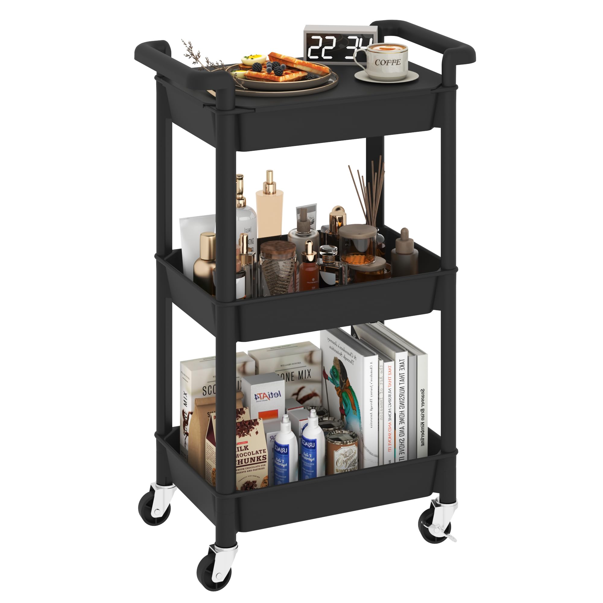 3-Tier Utility Rolling Cart with Cover Top Board, Mobile Utility Cart with Lockable Casters Multi-Functional Storage Trolley for Office, Bathroom, Kitchen, Garden, Laundry Room (Black)