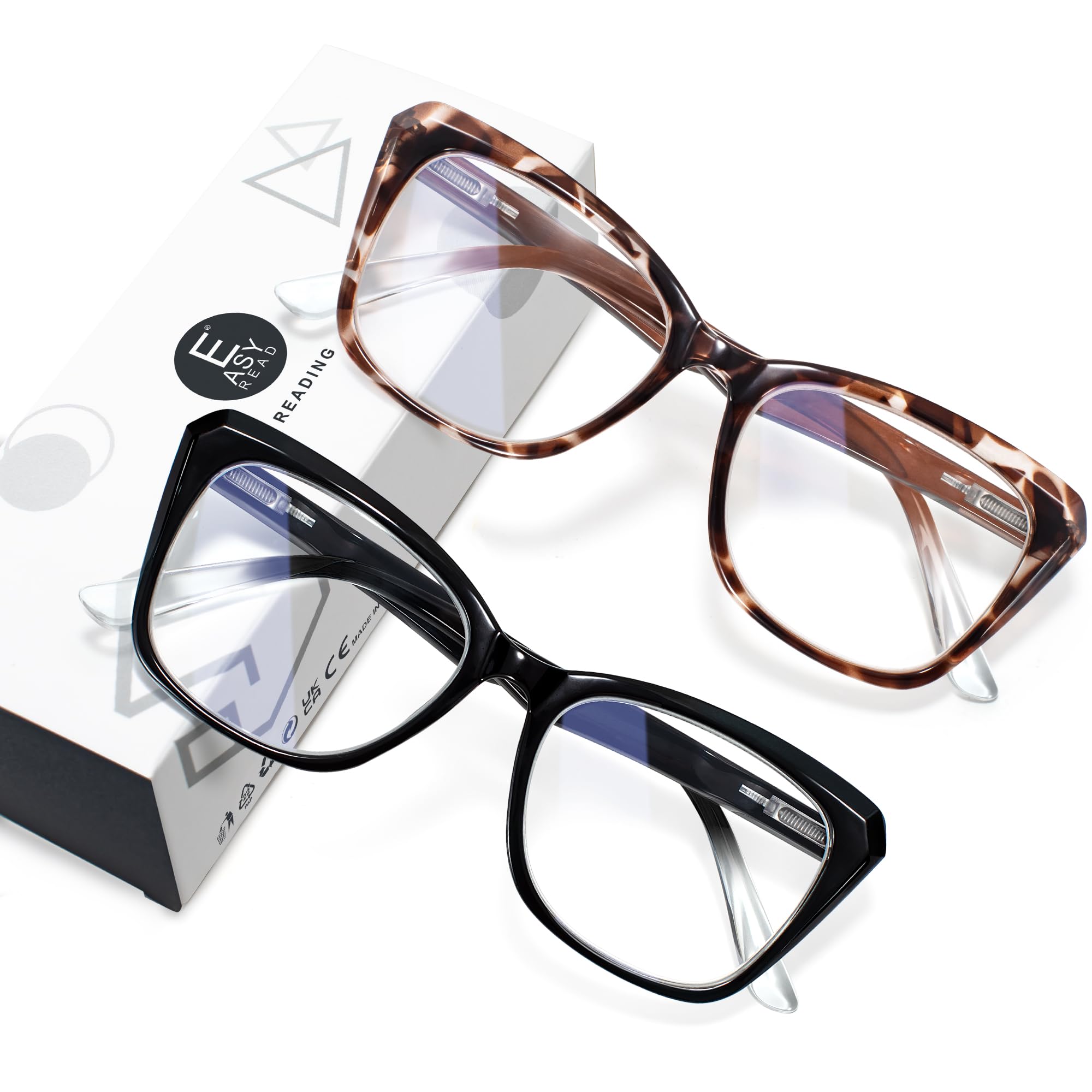 EASY READ 2 Pack Reading Glasses for Women,Cat Eye Blue Light Blocking Computer Readers with Spring Hinge(Magnification 2.50,Black/Tortoise)