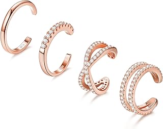 4Pcs 925 Sterling Silver Ear Cuffs for Women Non-Piercing Fake Helix Cartilage Cuff Earrings Set CZ Sparkling Round Huggie Cartilage Earring Jewelry Gifts