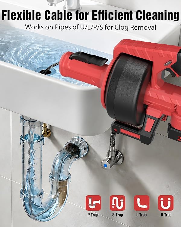 Ublue 21V Cordless Electric Drain Auger, 25Ft Auto Feed Drain Snake for Clog Remover with 2.0Ah Battery, Plumbing Snake for Sink Toilet Bathroom Shower Pipes 3/4"-2.95", Included Bag Gloves Rag by Ublue - Image 4