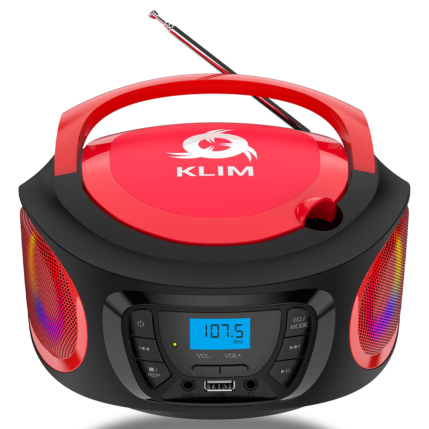 KLIM Boombox Poste Radio CD -Radio FM, Poste CD Bluetooth, MP3, USB, AUX - Piles Rechargeable Incluses - Modes Filaire et sans Fil - Compact et Robuste Lecteur CD Portable- Rouge