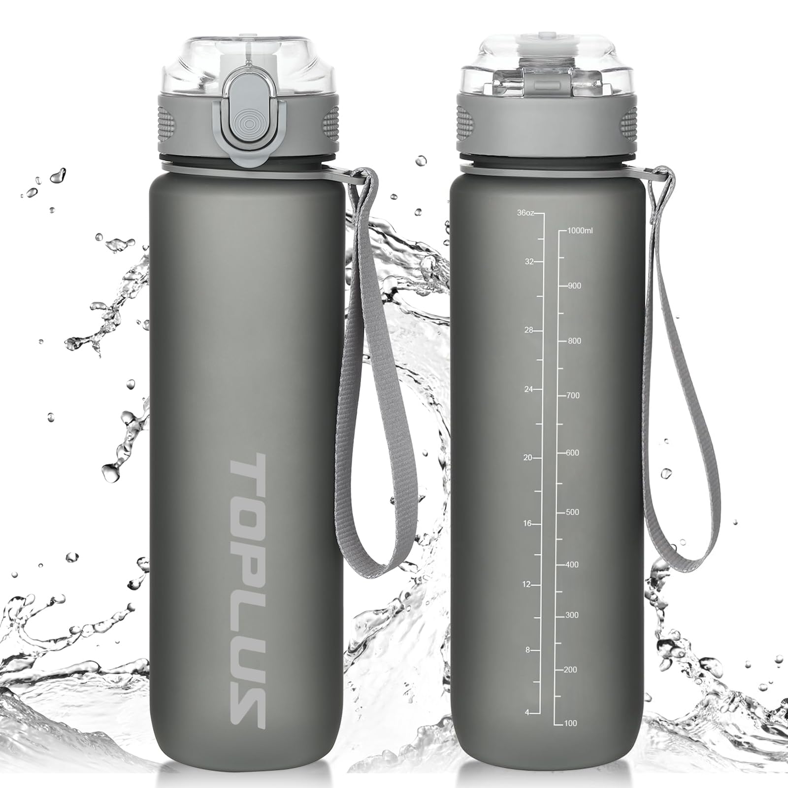 TOPLUS Sports Water Bottle 1L, BPA-Free Tritan Plastic Water Bottle for teenagers, adults, sports, hiking, gym, fitness, outdoor activities, cycling, school and office,Grey โ image 1