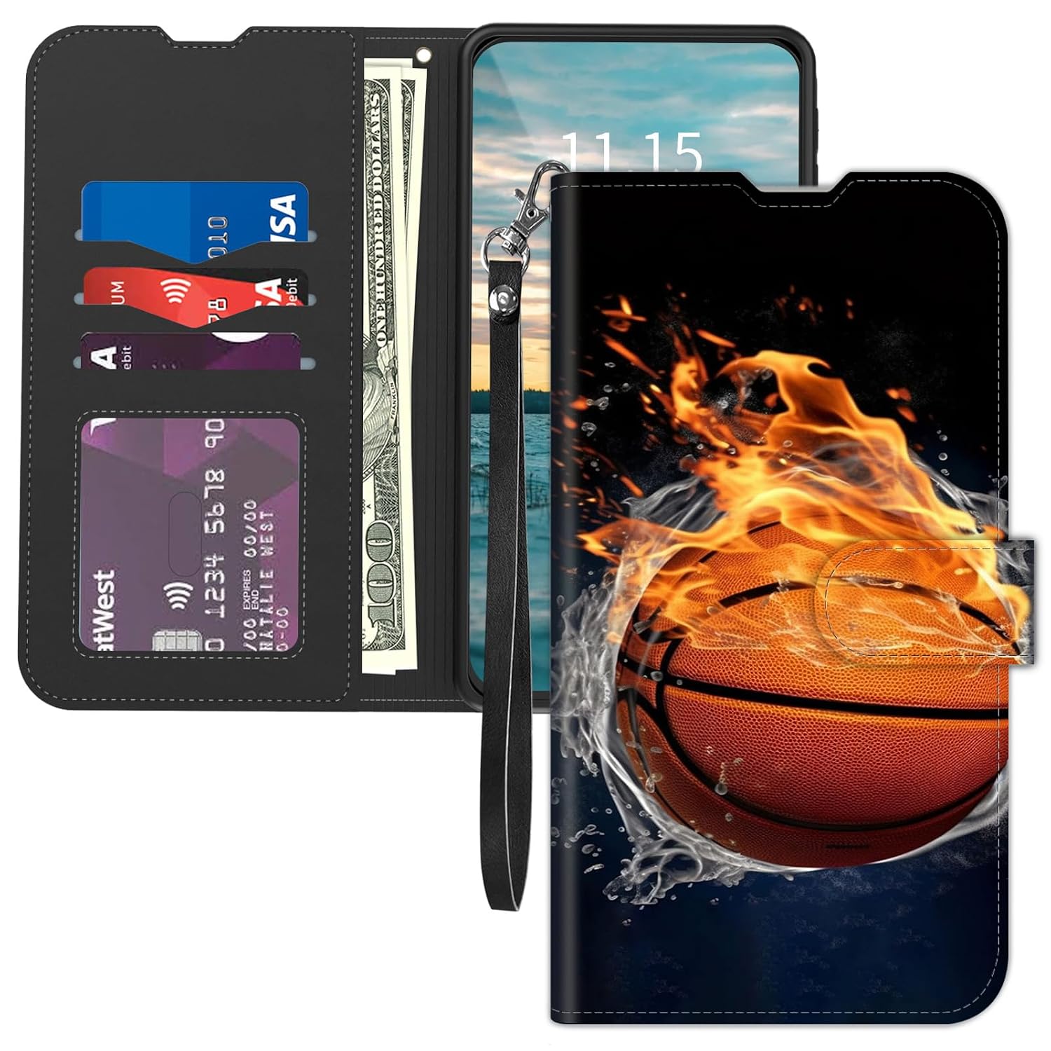 for Motorola Moto Edge 5G 2024 6.6" Wallet case,with Card Holder Wrist Strap,PU Leather Flip Folio Magnetic Clasp Kickstand,Drop Protection TPU Inner Cover,Basketball Fire and Water