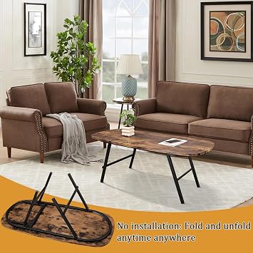 Folding Coffee Table Small Wooden Floor Table Desk for Sitting on the Floor Industrial Brown Foldable Coffee Tables Rectangular Center Sofa Tables for Living Room Home Office