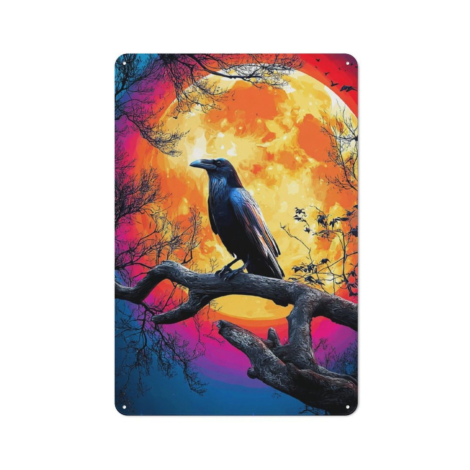 Junmoney Classic Metal Plaque 30X20cm Featuring Moonlit Raven枝头-2, Bistro Wall Plaque For Kitchen, Cafe, Pantry Or Dining Room