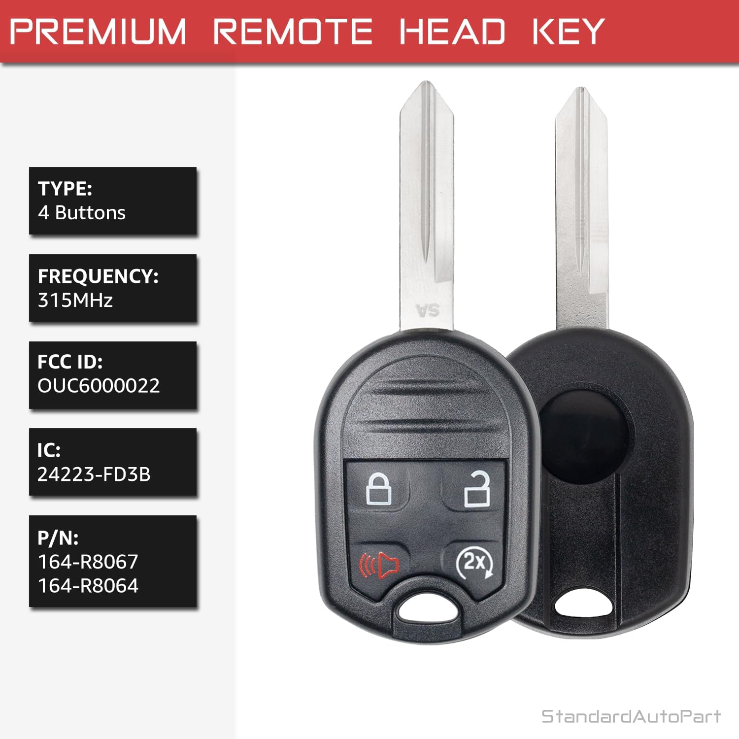 StandardAutoPart Car Remote Head Key Compatible with Ford Edge Expedition Explorer F-150 F-250 Mark LT MKS MKZ 164-R8067 r8067 8067 5912561 with Remote Start (Double)