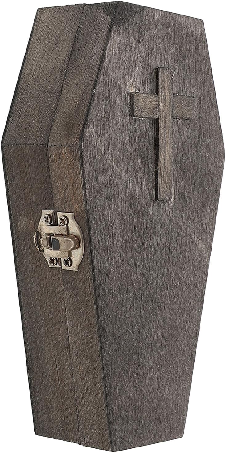 Operitacx Halloween Coffin Jewelry Box Small Wooden Coffin Shape Earring and Ring Holder Black Cross Design Portable Storage Case and Travel
